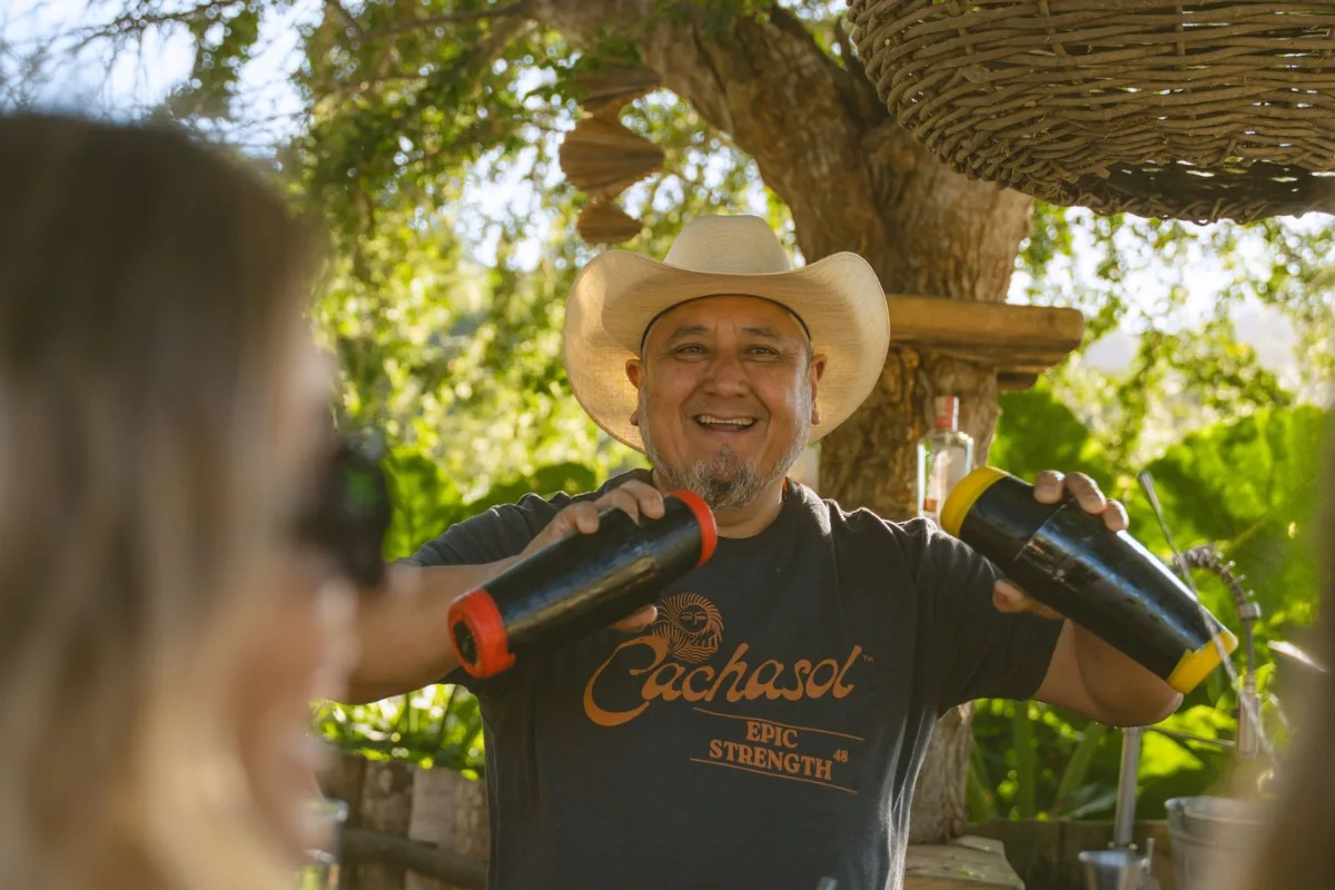 Bartender preparing cocktails at the Cachashade Bar, Cachasol Farm Distillery Sayulita Nayarit